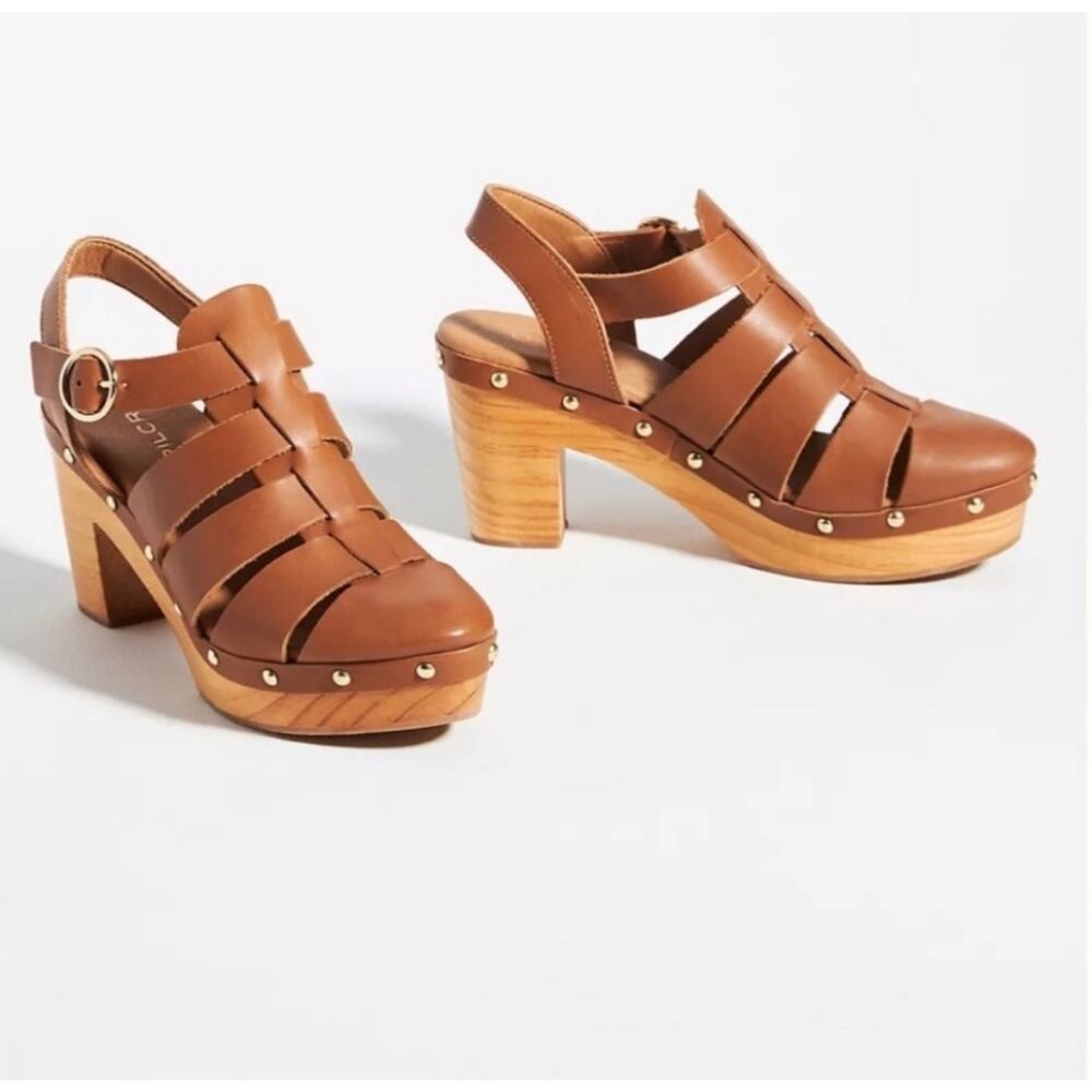 Anthropologie Tan Leather Studded Clog Heels